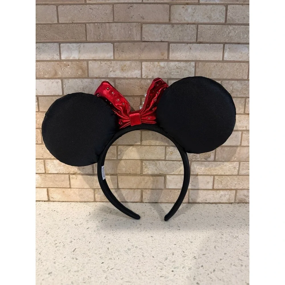 Disney BaubleBar Pearl Minnie Mouse Ears Red Bow Black Headband sunny